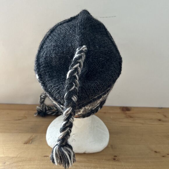 Everest Designs Ear Flap Hat Charcoal/Brown Wool Fleece-Lined Beanie Hat Nepal - Picture 3 of 10